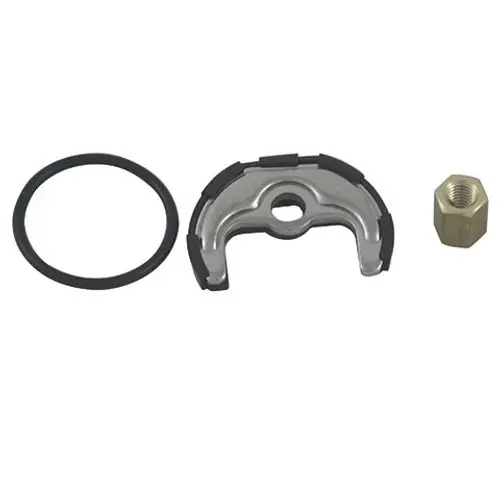 Ersatzteilset von Kludi, bestehend aus einer Metallbefestigung, einem Dichtungsring und einer zusätzlich benötigten Schraube. Geeignet für Spültischarmaturen.